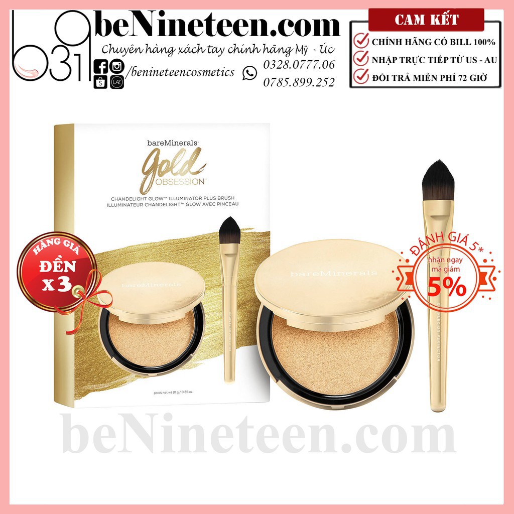 [SALE OFF 50%] Bộ Phấn bắt sáng bareMinerals Gold Obsession + Cọ Complexion Perfector Brush [BeNineteen]