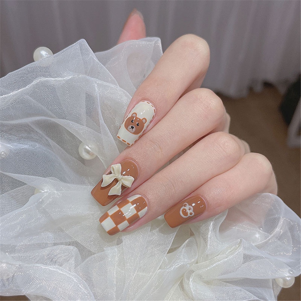Bộ Móng Tay Giả Đính Nơ Họa Tiết Gấu Dễ Thương