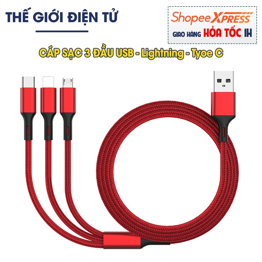 Cáp Sạc Sạc 3 Đầu Micro Usb /Type C/Lightning