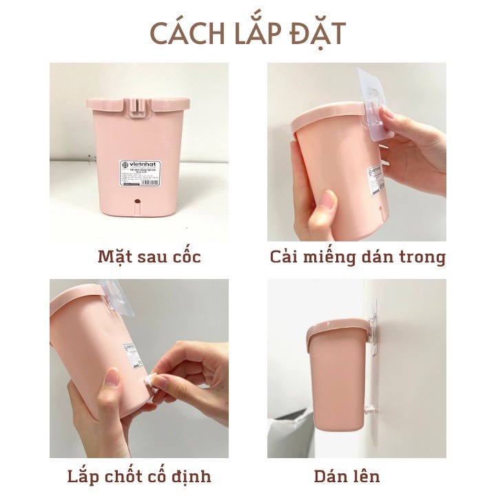 Cốc dán tường tiện ích Việt Nhật 6370, cốc để bàn chải kem đánh răng có lỗ thoát nước tiện lợi kèm miếng dán
