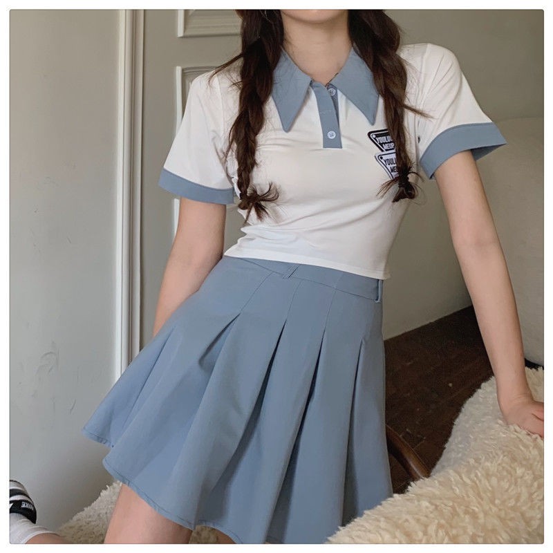 Set Áo Thun Cổ Polo Ngắn Tay + Chân Váy Xếp Ly Lưng Cao Thời Trang Mùa Hè Cho Nữ | BigBuy360 - bigbuy360.vn