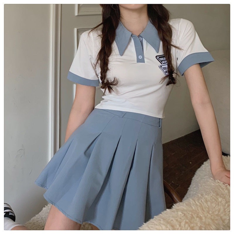 Ready Stock College style age-reducing POLO collar letter label short-sleeved T-shirt + high-waist pleated skirt suit female summer two-piece suit