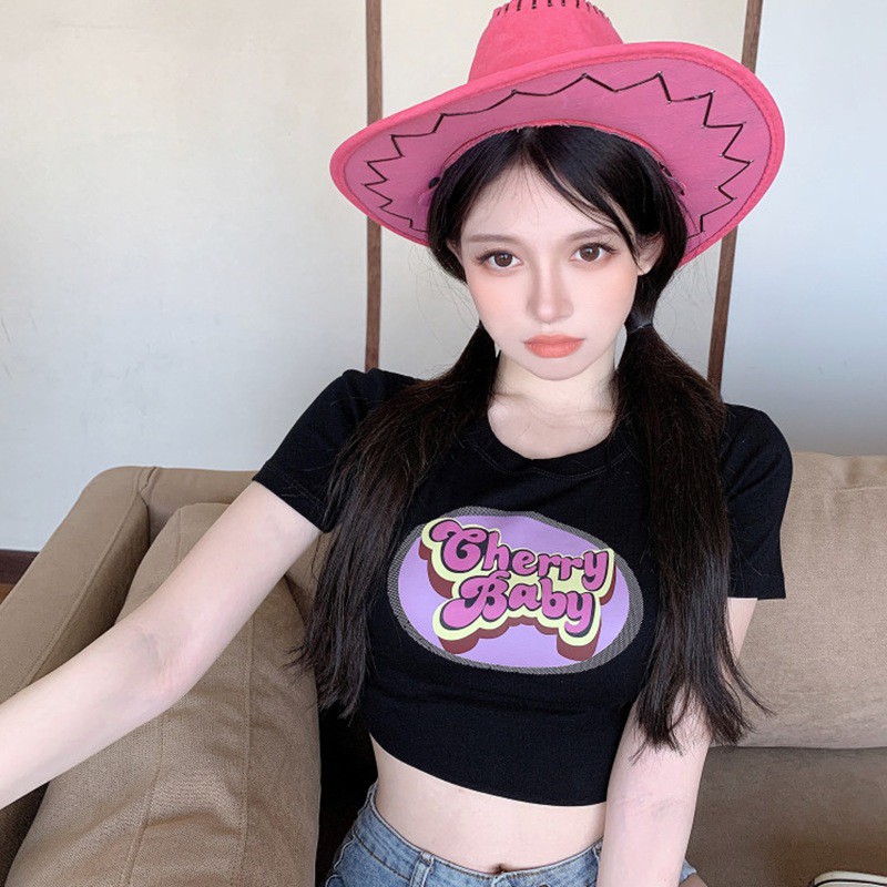 Áo Thun Croptop Tay Ngắn Cổ Tròn In Họa Tiết Ngọt Ngào Phong Cách Hàn Quốc Thời Trang Mùa Hè Cho Nữ