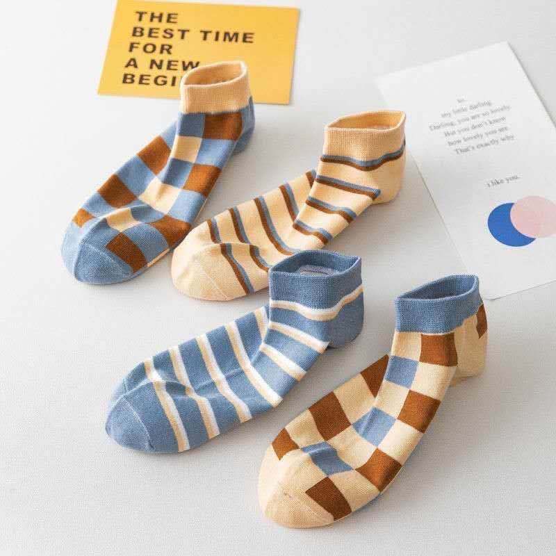 Set 5 đôi tất cổ ngắn Bivota vớ nữ họa tiết sọc caro dễ thương T41