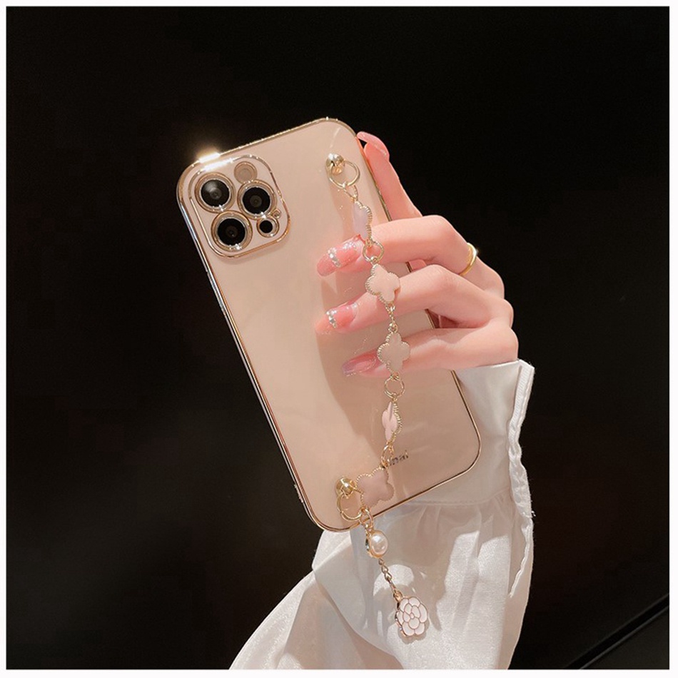 Ốp Điện Thoại In Hoa Có Dây Đeo Tay Sang Trọng Cho iPhone 13 12 11 pro XS max X SE2020 6 6S 7 8 Plus XR