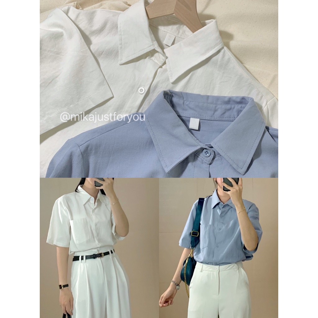 Áo sơmi Freesize tay ngắn chất liệu Kate dày dặn có túi phong cách Hàn