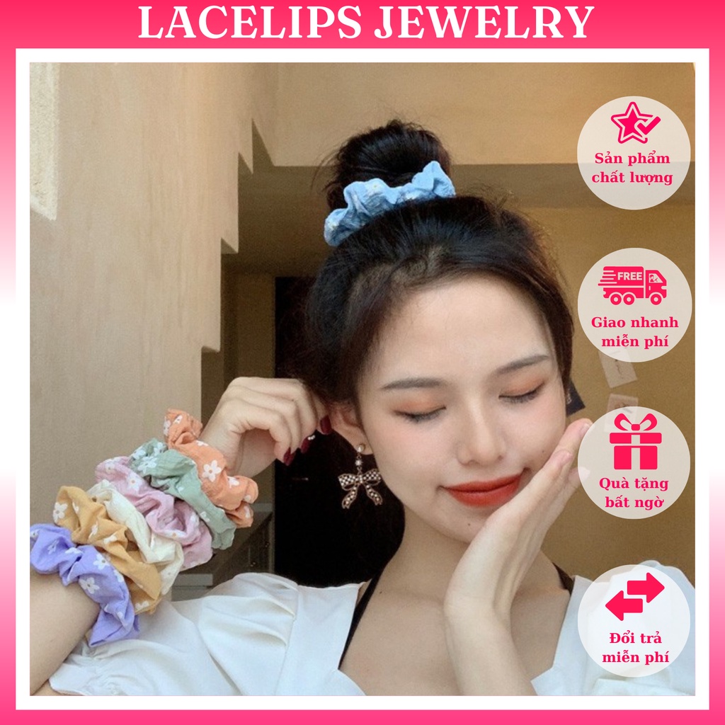 Dây buộc tóc, cột tóc scrunchies in hoa trắng nhẹ nhàng_K67
