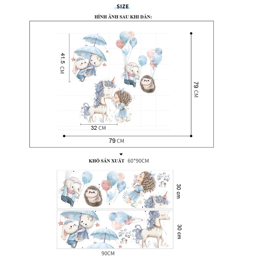 Decal dán tường, tủ quần áo BÉ GÁI VÀ NGỰA KỲ LÂN XANH  - Trang trí phòng bé