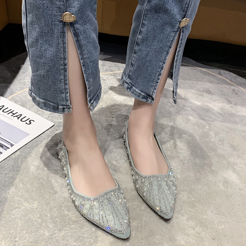 Giày Búp Bê Da Đế Bằng Mũi Nhọn Đính Đá Pha Lê Thời Trang Cho Nữ