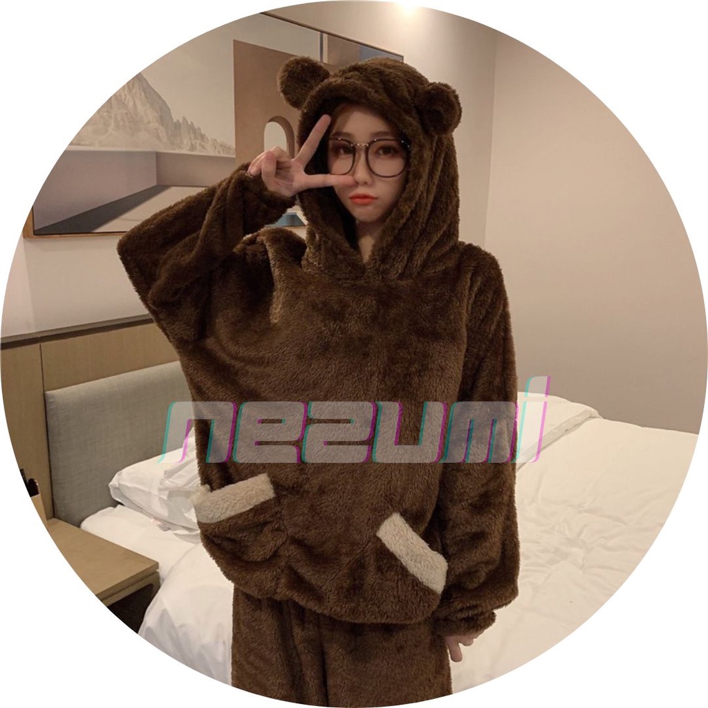 Bộ ngủ pijama nỉ bông xù mũ tai gấu chuột đôi nam nữ, bông xù siêu dày ấm đáng yêu