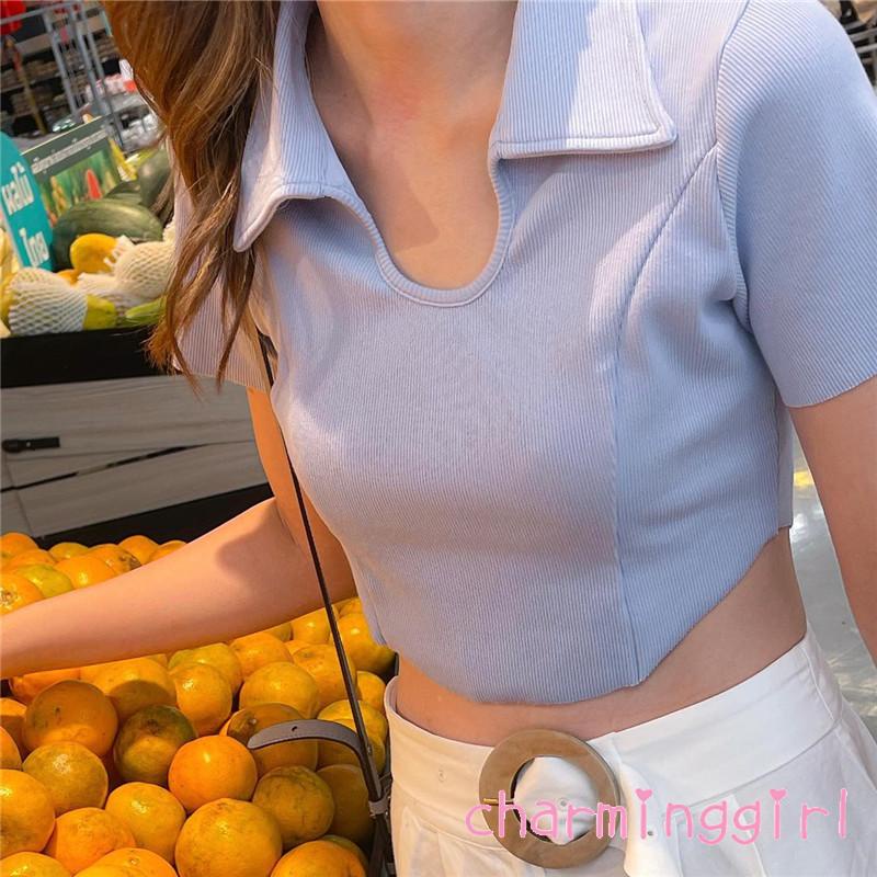 Áo Croptop Tay Ngắn Cổ Bẻ Màu Trơn Thời Trang Cho Nữ
