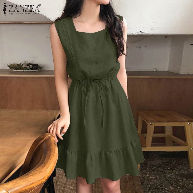 Đầm dáng ngắn ZANZEA cổ vuông không tay dáng rộng thời trang cho nữ