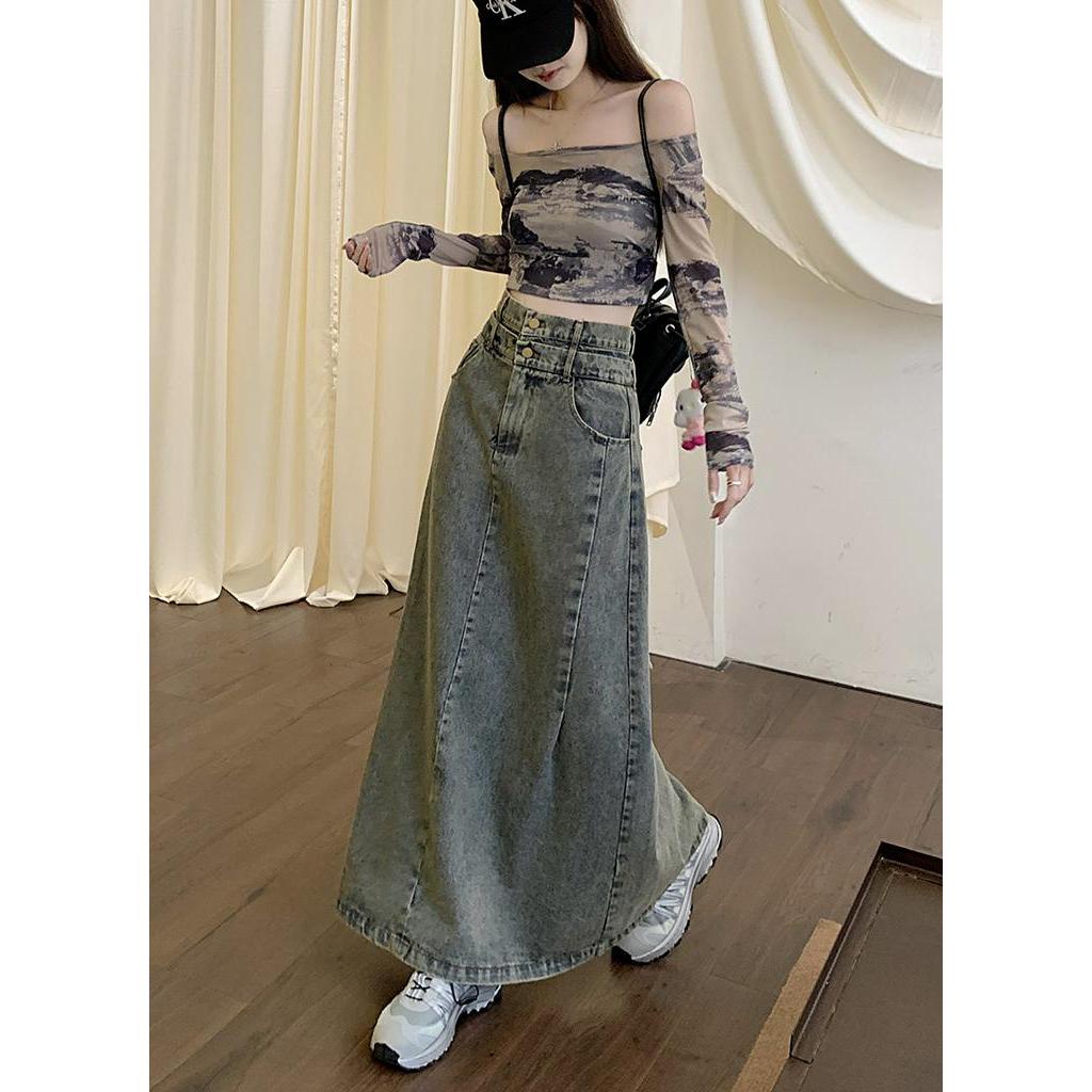 Chân Váy Denim Dài Dáng Chữ A Lưng Cao Phong Cách Retro Thời Trang Mùa Thu Hàng Mới Dành Cho Bạn Nữ 668