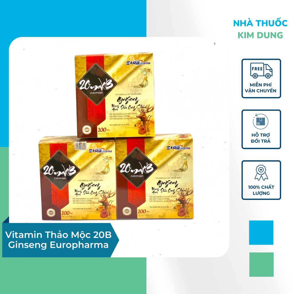 Vitamin Thảo Mộc 20B Ginseng Europharma Hỗ Trợ Sức Khỏe Tăng Đề Kháng Giảm Mệt Mỏi Hộp 10 Vỉ x 10 Vi