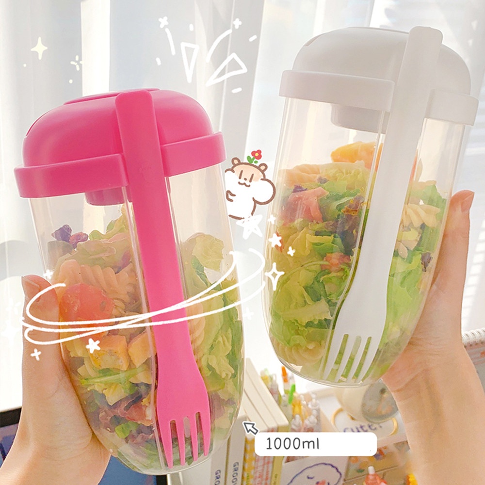 Cốc 1000ml Đựng Salad Kèm Nĩa Ăn Sáng / Sữa Chua / Trái Cây Giảm Cân Phong Cách Hàn Quốc