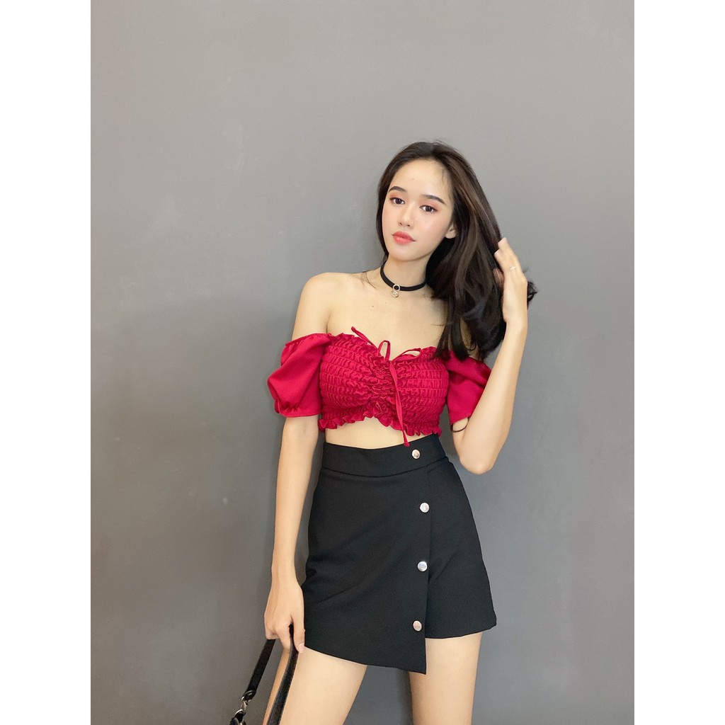 Áo Croptop nhún Tay Ngắn
