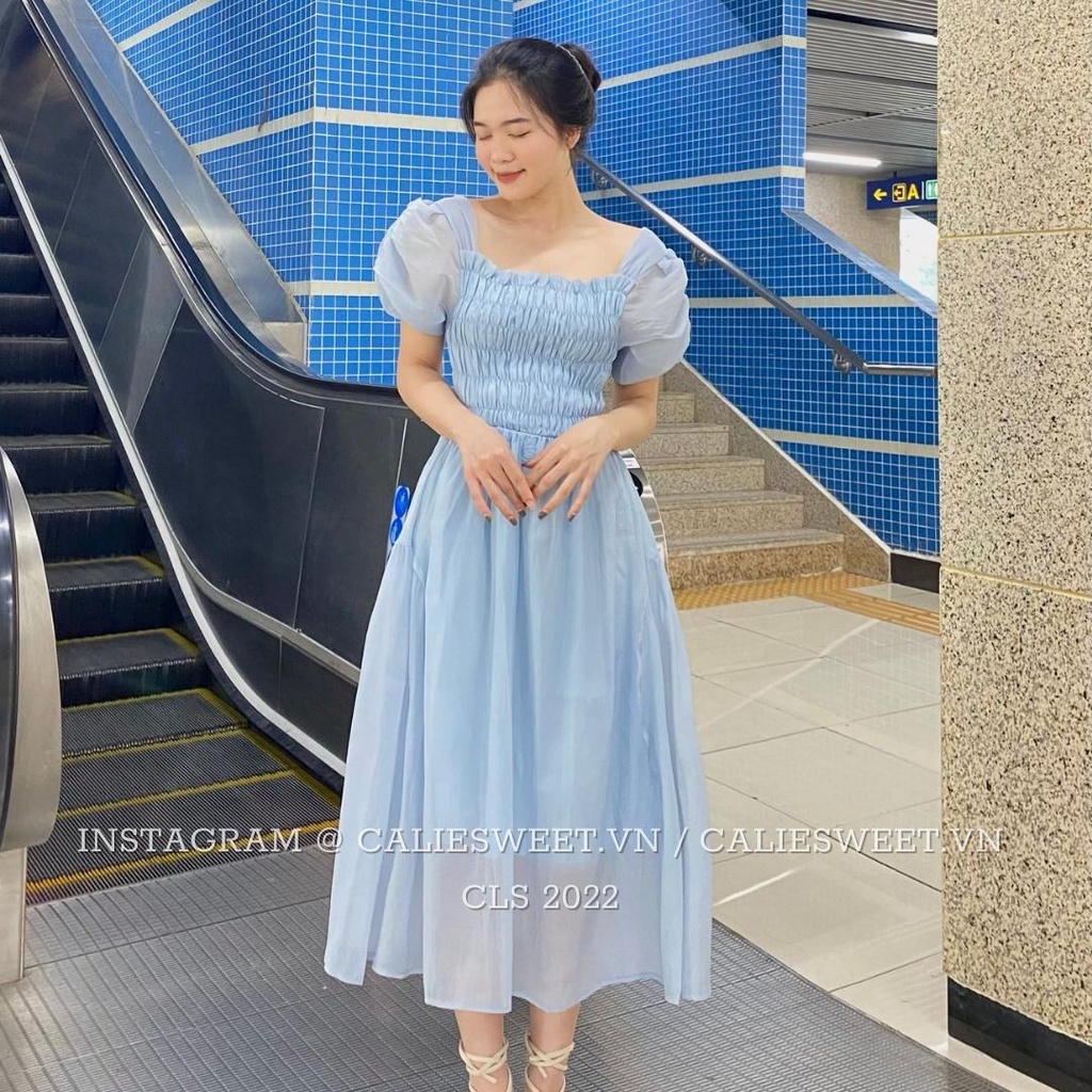 Váy babydoll tay phồng Caliesweet váy tiểu thư dáng dài 2 lớp chất tơ mềm