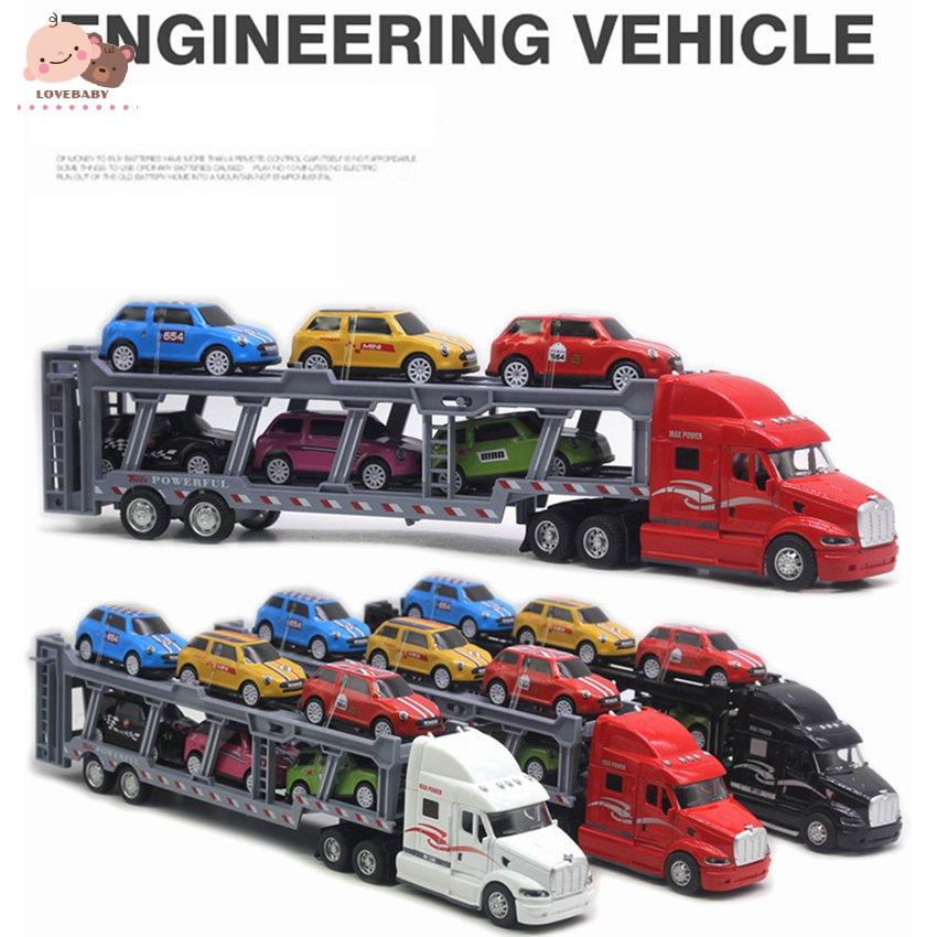 [HOT]Car Carrier Model Big Rig Truck Hauler Trailer With 6 Race Cars Carrier Toy