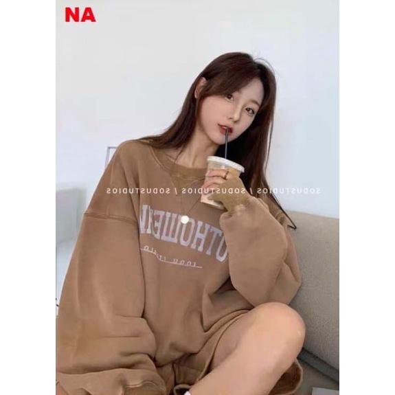 Sét Bộ thu đông nam nữ OTH Ulzzang tay bồng in chữ kèm quần Short