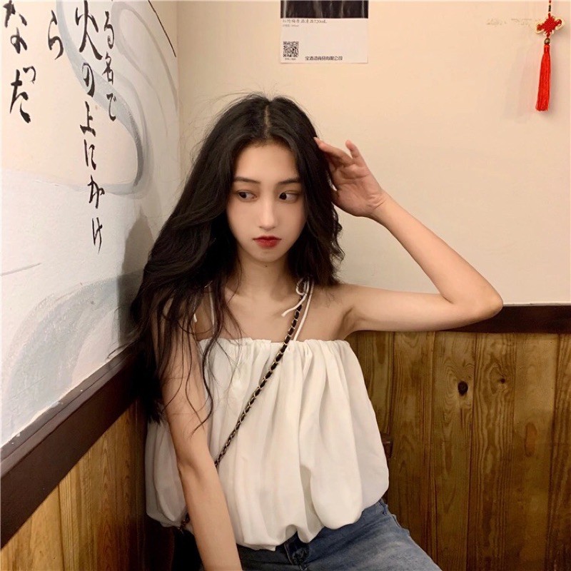 Áo sơ mi voan mùa hè mới kiểu dáng Hàn Quốc quây lưng cổ ngắn ngang rốn áo thun nữ không tay