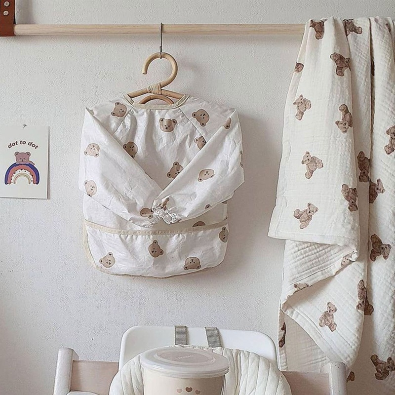 Yếm Ăn Tay Dài Chống Nước In Họa Tiết Hoạt Hình Có Túi Thức Ăn Cho Bé Sơ Sinh