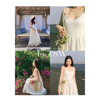 Váy hai dây maxi ren trắng, đầm 2 dây thô ren (Ảnh thật)