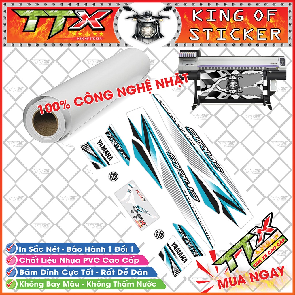 Tem xe sirius chỉ , Team phụ kiện sirius màu xanh nền trắng vệt đen đẹp hết ý , Shop TTX tem rời sirius mã (S0045/A3)