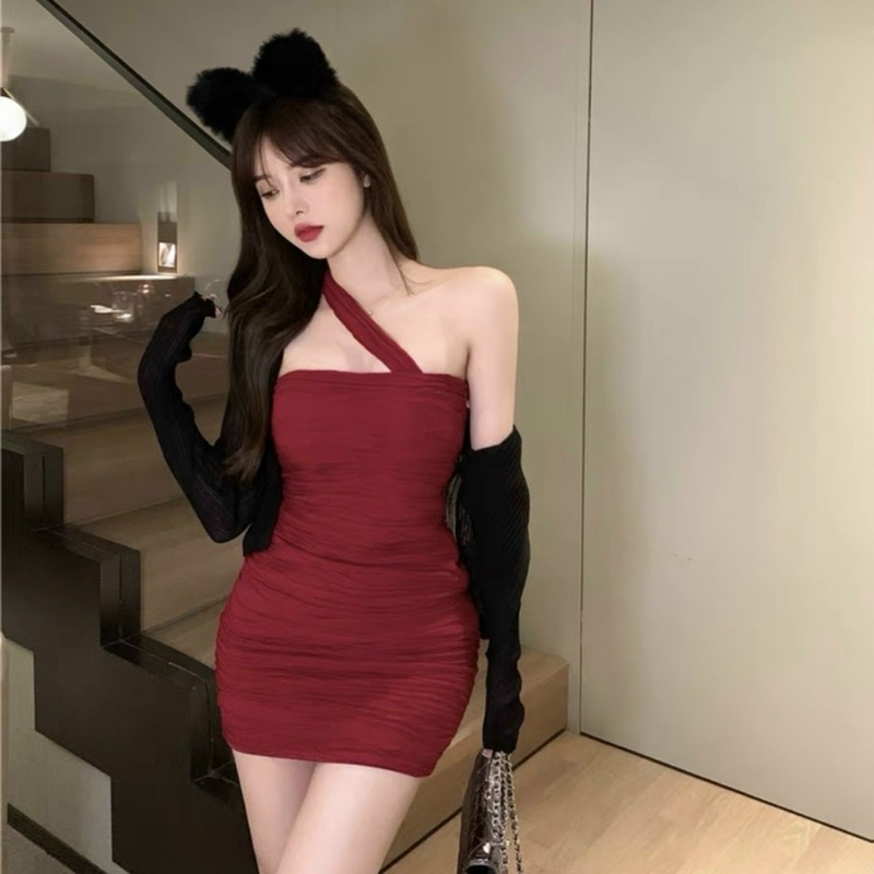 Đầm Xốp Nhún Dây Chéo Cổ Ôm Body Sang Chảnh D048