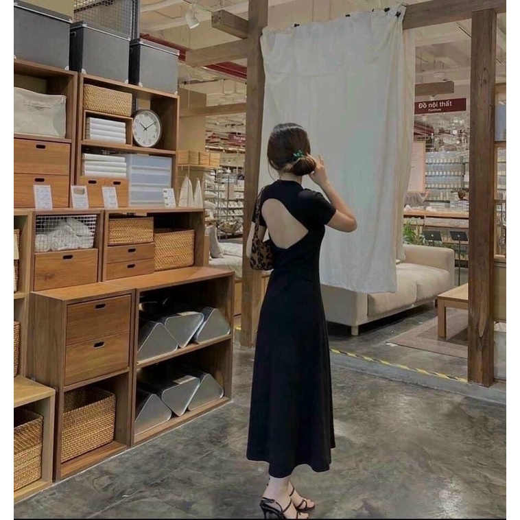 Đầm Midi Đen Cutout Lưng Thun Gân siêu đẹp - Hàng có sẵn | BigBuy360 - bigbuy360.vn