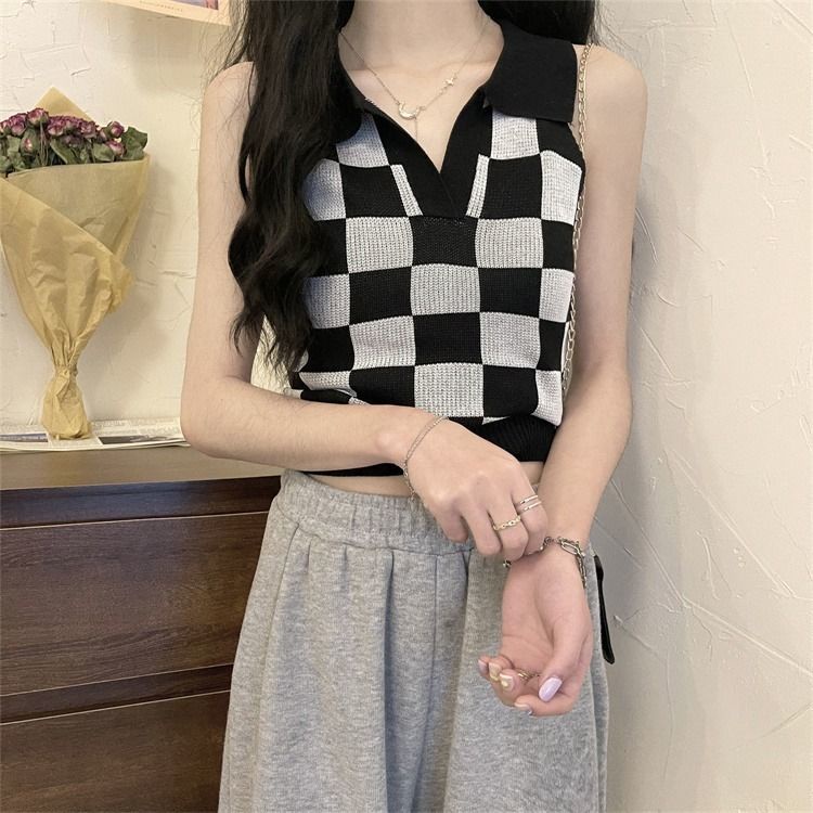 Áo Thun Polo Dệt Kim Kẻ Caro 185755 Áo Hai Dây Dáng Ôm Phong Cách Hàn Quốc Thời Trang Mùa Hè