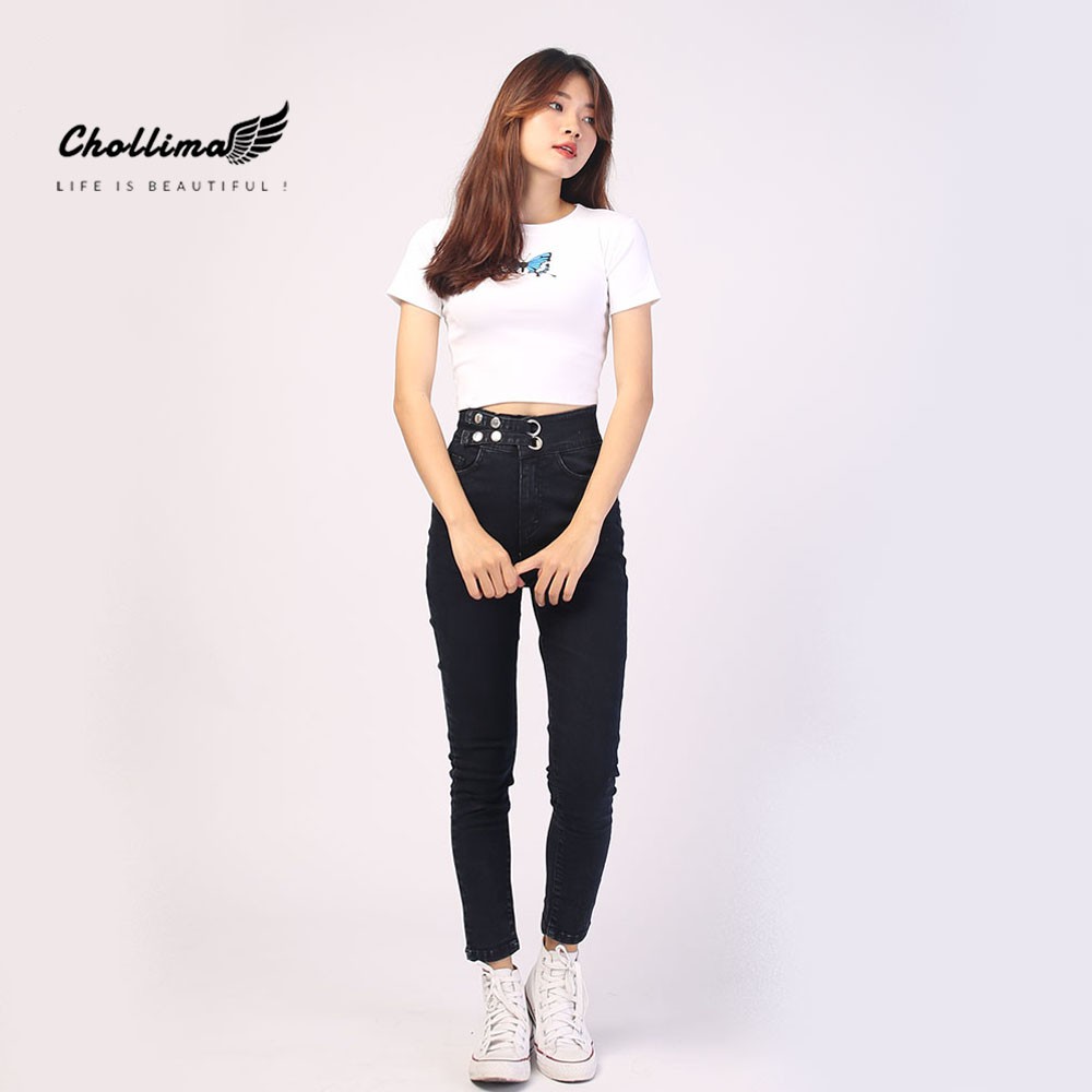 Quần dài jeans nữ co giãn Chollima cạp siêu cao 2 khoen màu đen QD002  – quần bò nữ cạp siêu cao | BigBuy360 - bigbuy360.vn