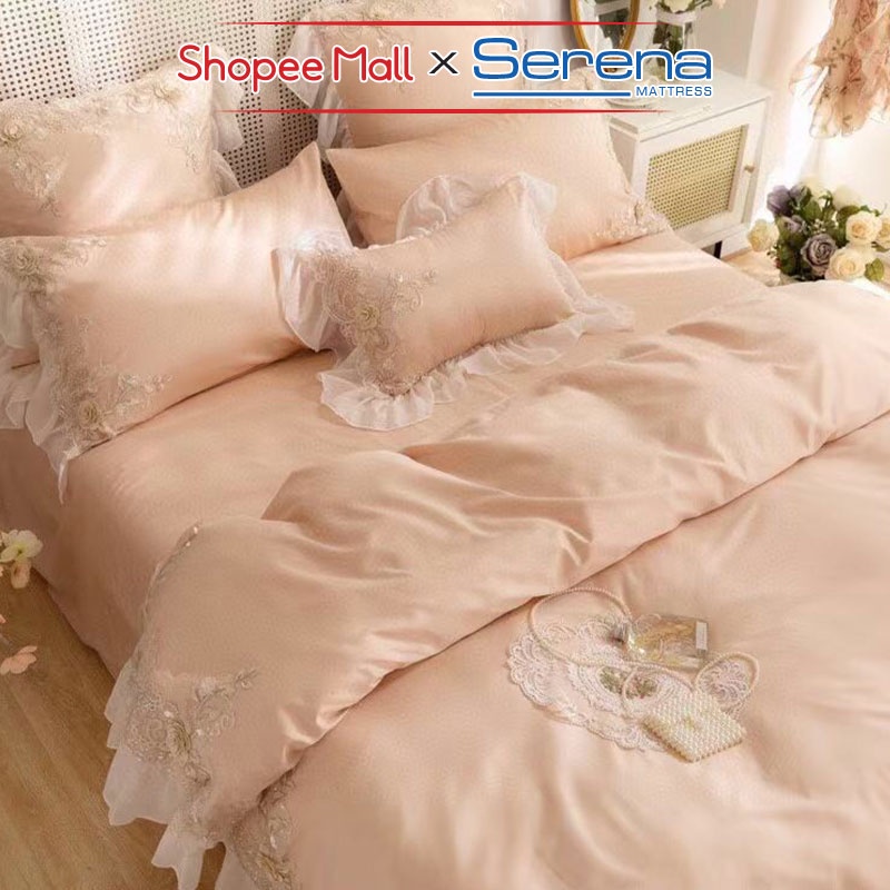 Ra Nệm Trải Giường 5 Món Satin Lụa Thêu SERENA Chính Hãng Bộ Chăn Ga Ra Drap Gối Đệm Trải Bọc Giường Trần Bông Cao Cấp