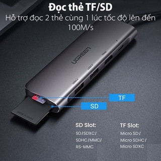 Hub USB-C 6 in 1 Ugreen 70411 (USB-C ra HDMI HDMI + 2 USB 3.0 + SD/TF +Sạc ngược USB-C )