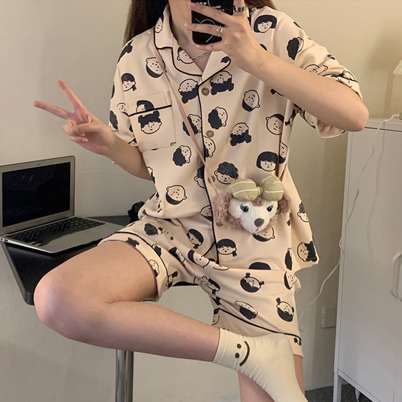 Bộ đồ ngủ ngắn tay in họa tiết phong cách hàn quốc thời trang mùa hè cho nữ