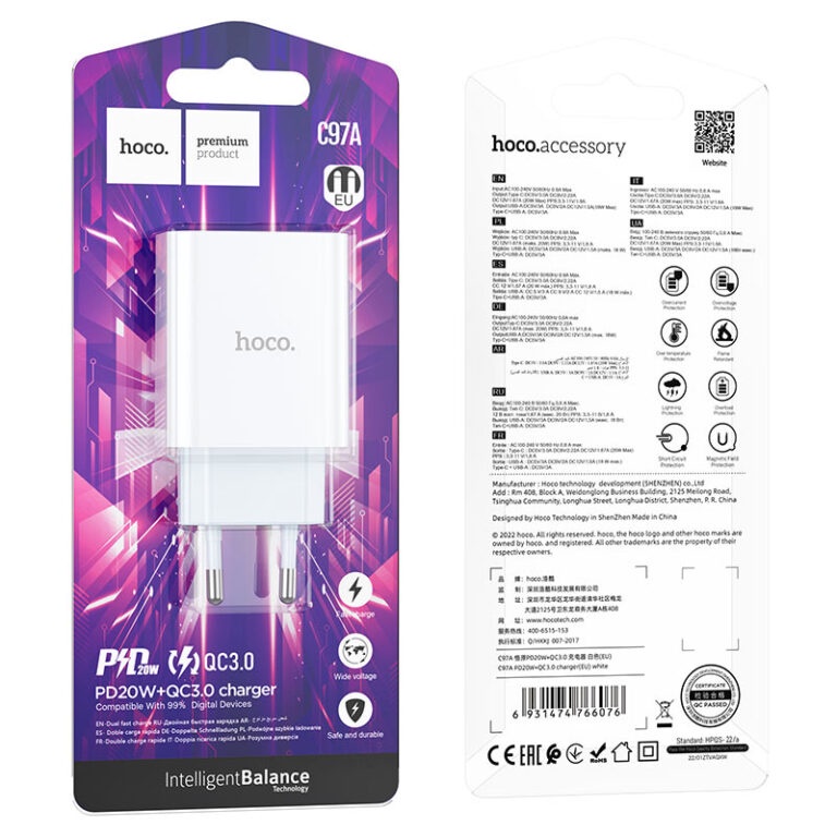 Củ sạc nhanh PD20W Hoco C97A cổng USB và C, QC3.0 chân cắm tròn chất liệu chống cháy cao cấp