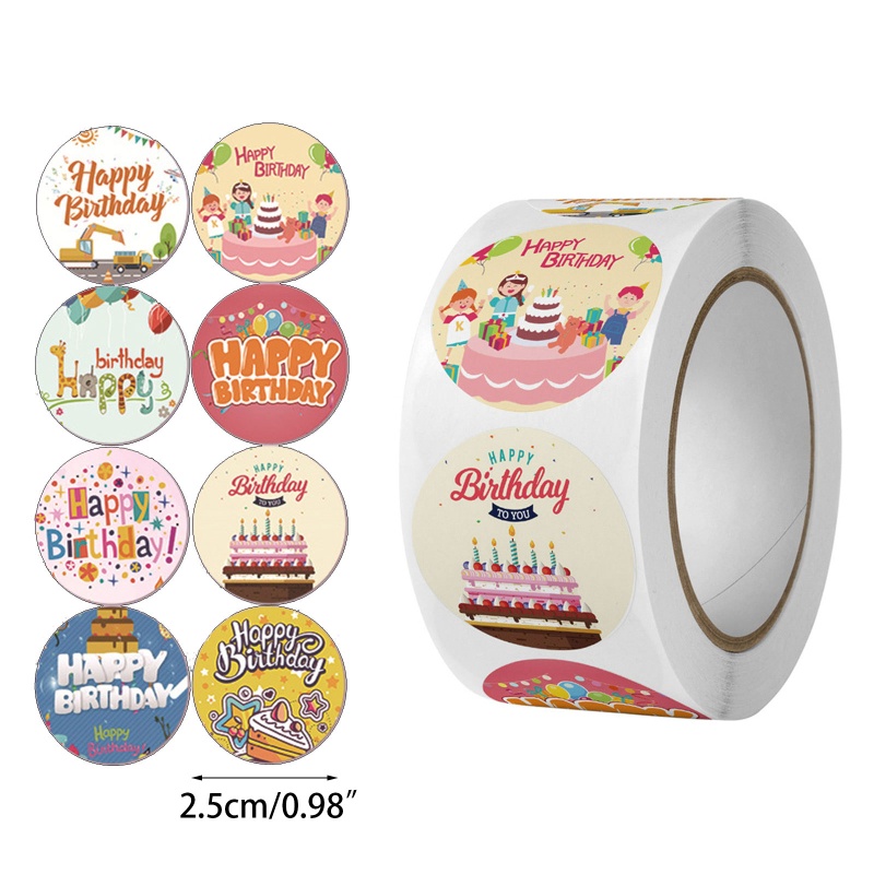 Cuộn 500 Miếng Dán Hình Tròn In Chữ Happy Birthday Trang Trí