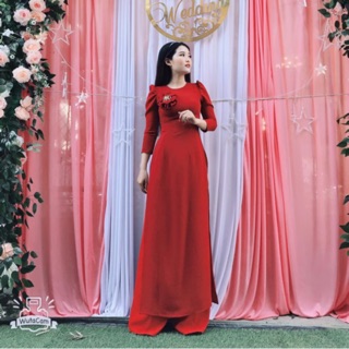 Áo dai đỏ đô💥FREESHIP💥 Áo dài đỏ đô đính 1 bông xinh