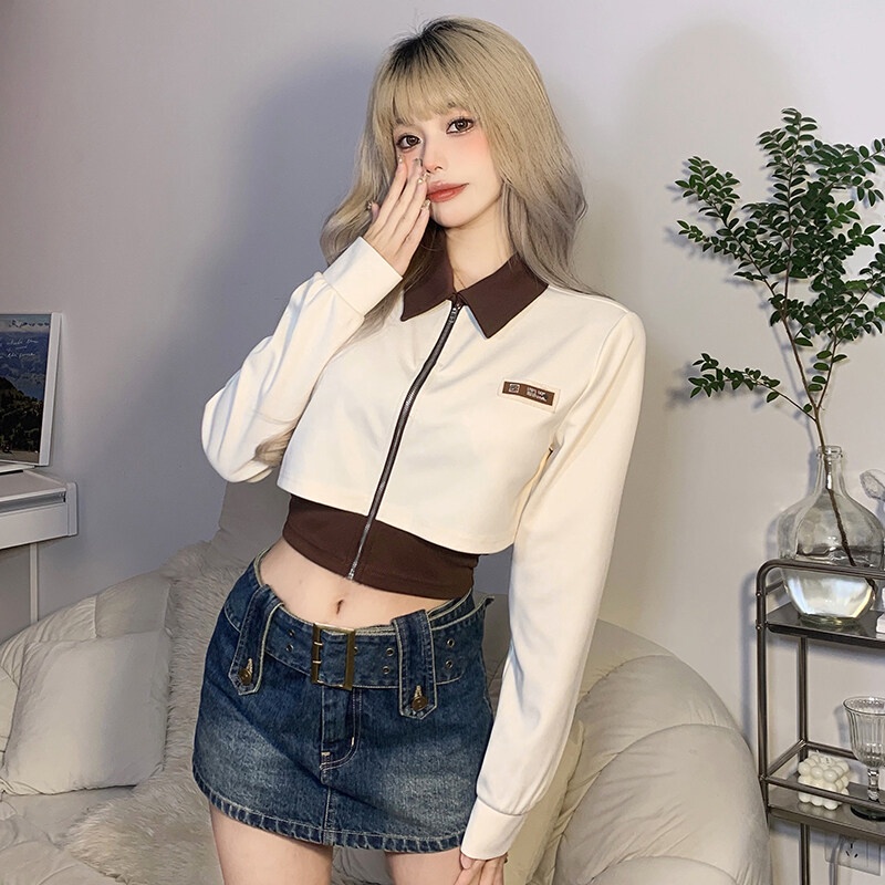 Áo thun crop top KLIOU tay dài có khóa kéo phong cách Hàn Quốc thời trang mùa thu cho nữ