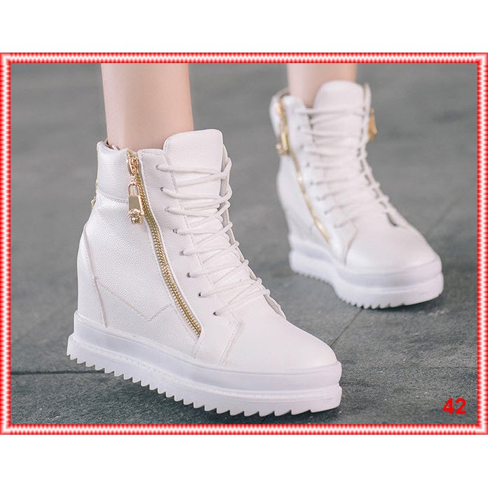 Boot da nữ cổ cao cá tính, giày vừa cột dây vừa khóa kéo, đế cao 6cm B042T | BigBuy360 - bigbuy360.vn