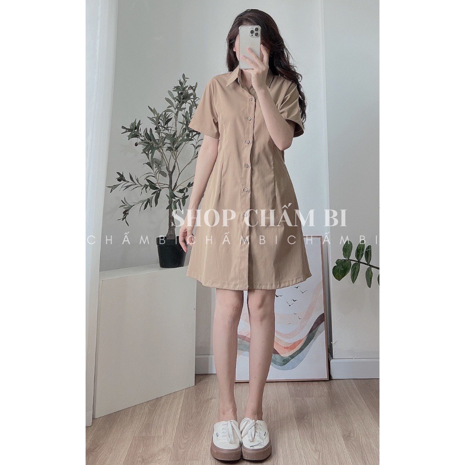 Váy Sơ Mi Chun Lưng Vải Thô Tay Ngắn Đầm Sơ mi Dáng Xòe Chun Lưng