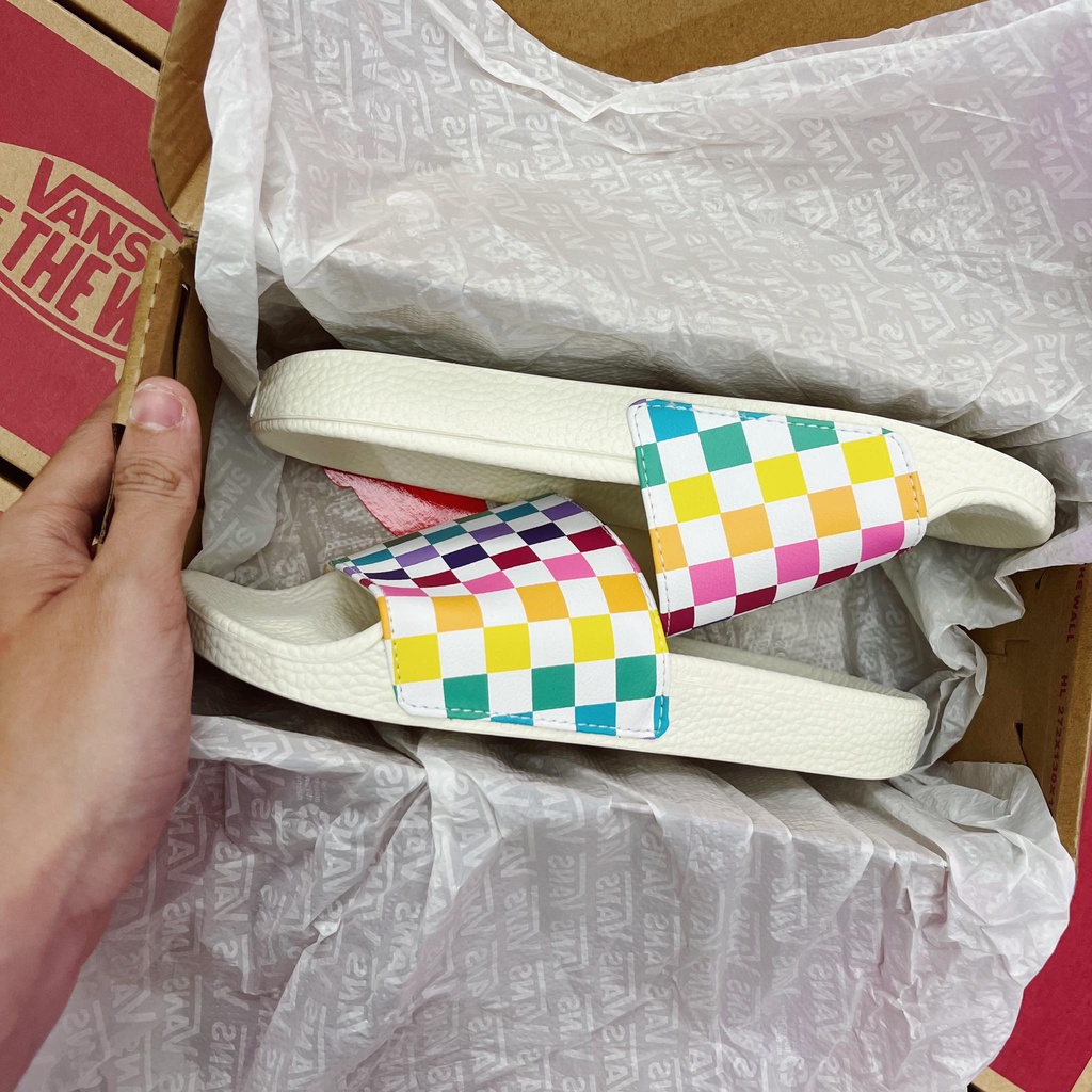 [Hàng Chính Hãng] [Giá Huỷ Diệt] DÉP BÁNH MÌ HOẠ TIẾT BÀN CỜ CARO - VANS CHECKER SLIDES