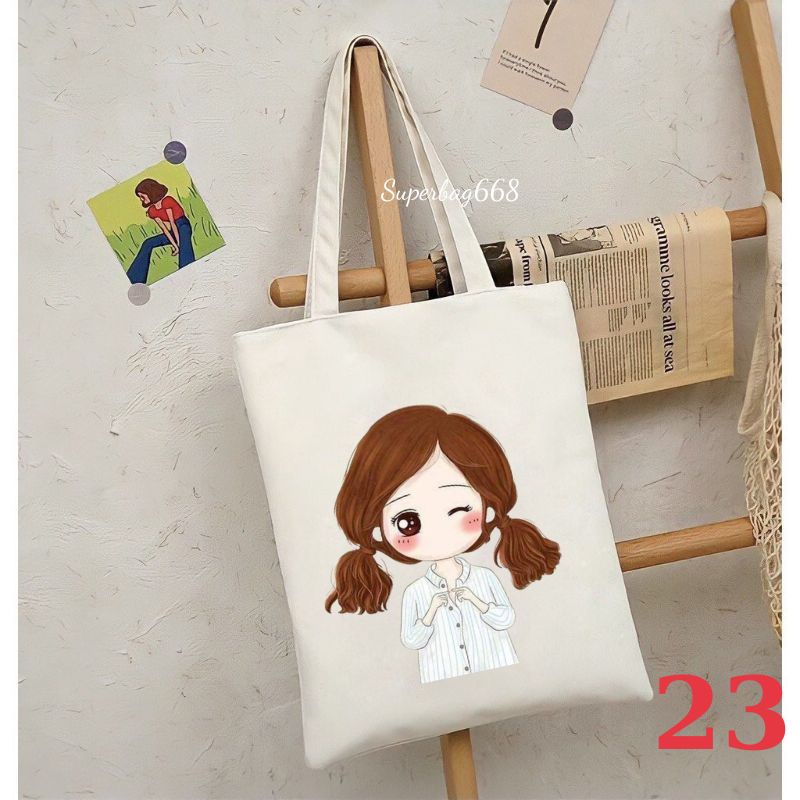 Túi vải canvas túi tone tote Hàn Quốc hoạ tiết cô gái đựng vừa A4 laptop đi chơi đi học - LM215