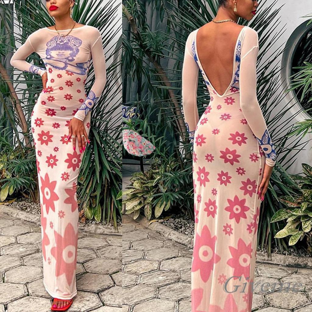 Đầm Dự Tiệc Tay Dài Cổ Thuyền Phối Lưới Xuyên Thấu In Họa Tiết Hoa Thời Trang Quyến Rũ Cho Nữ