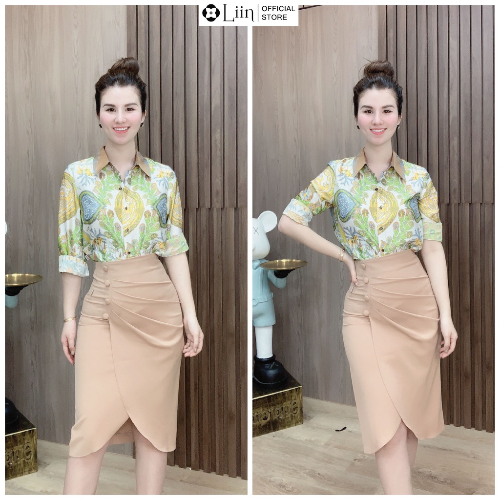 Chân váy nữ dáng ôm thiết kế cách điệu nhún mix cúc bọc thời trang công sở thanh lịch Liin Clothing J4390