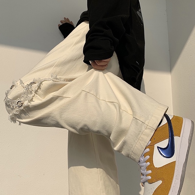 Quần jean ống suông Dáng Rộng Phối Dây Xích Phong Cách Hàn Quốc Cá Tính Cho Nam