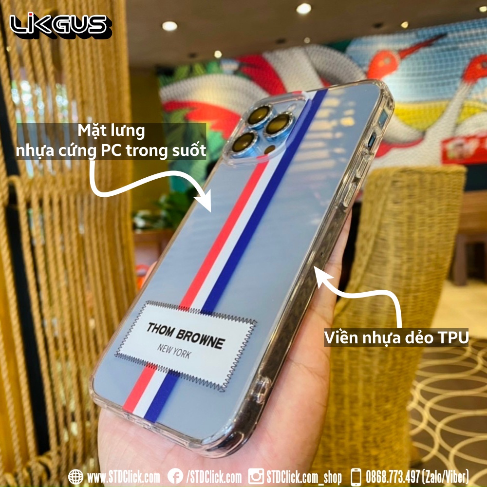 ỐP LƯNG IPHONE 14 PRO MAX - 14 PLUS - 13 PRO MAX - 13 LIKGUS CHÍNH HÃNG LƯNG NHỰA CỨNG TRONG VÂN THOM BROWNE VIỀN DẺO