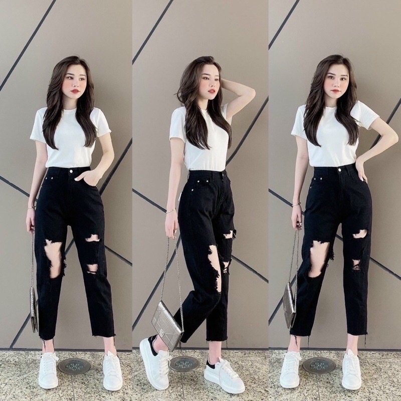 Quần bò nữ, Quần Baggy jean nữ lưng cao rách kiểu phong cách, Cạp quần cao vải không co dãn