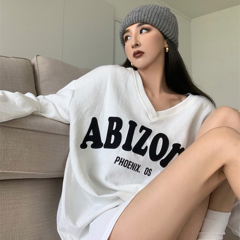 SUXI Áo Thun Tay Dài Cổ Chữ V Form Rộng In Chữ Thời Trang Mùa Thu Mới