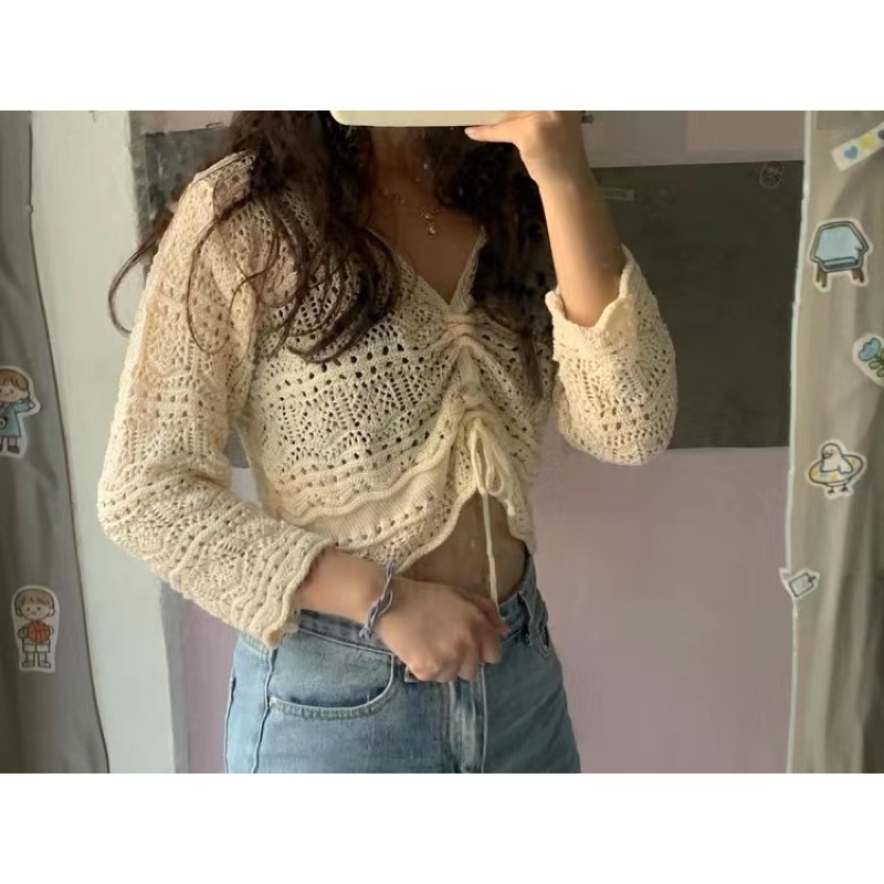 Áo len đan dây rút tay lỡ
