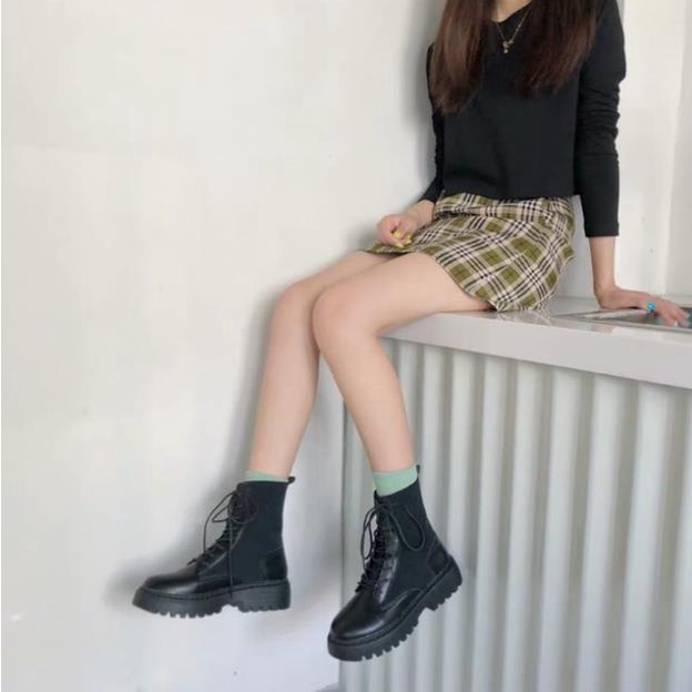 Giày da cao cổ nữ Ulzzang buộc dây có chun bó sát ;;